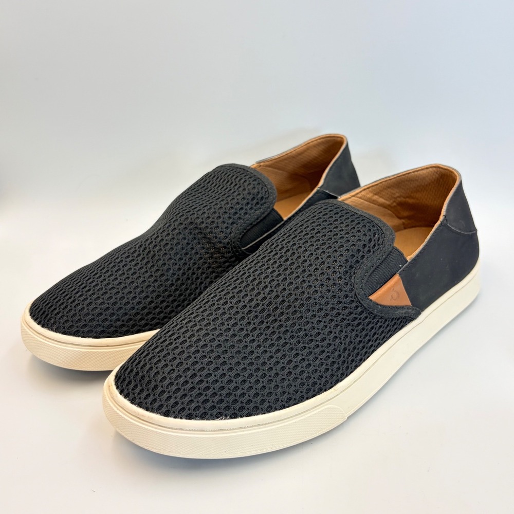 OluKai Pehuea Black Mesh Slip On Loafers Womens 11 Drop In Heel Travel Casual